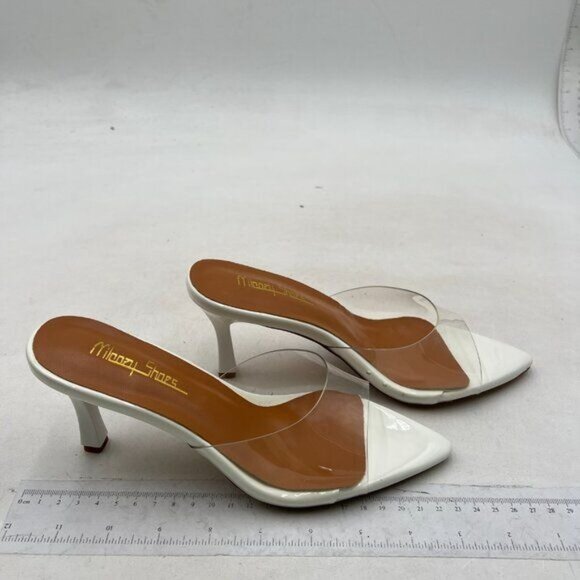 Milooey shoes Women's Kitten Heel Mules Open Pointed Toe Slide Sandals White - Picture 4 of 8